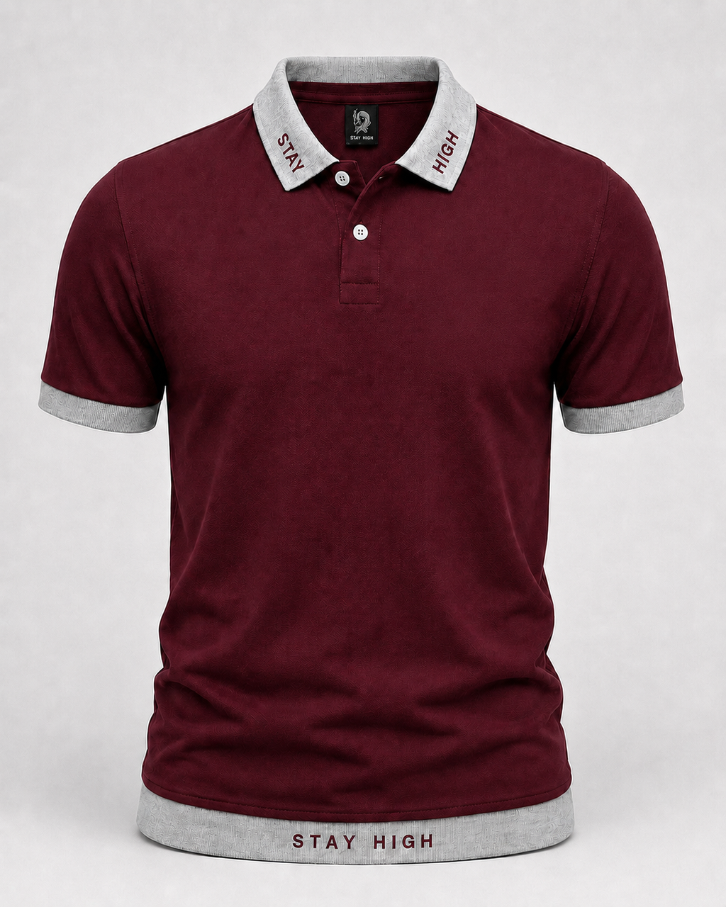 STAY HIGH Premium Polo Tee — Maroon / Grey