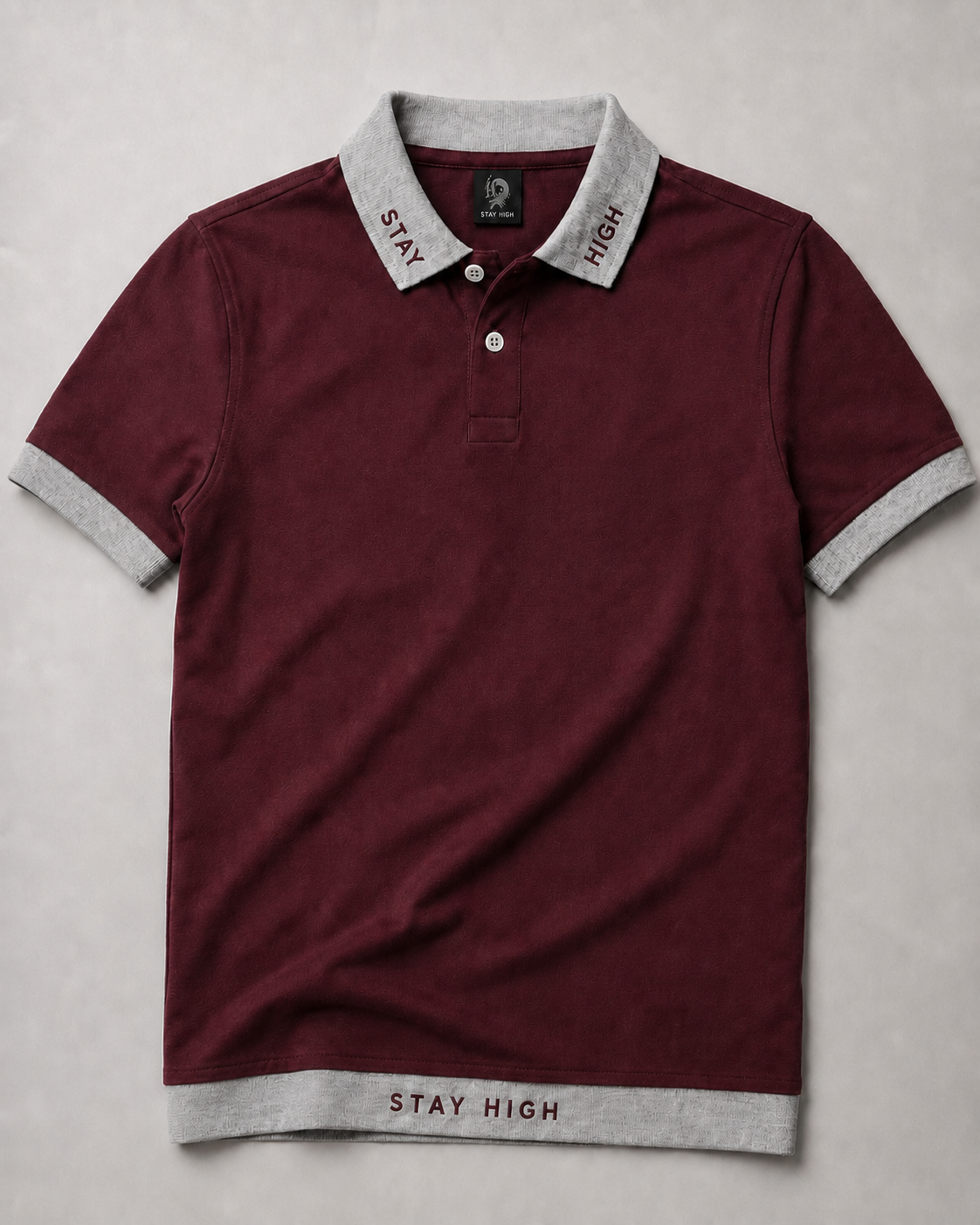 STAY HIGH Premium Polo Tee — Maroon / Grey