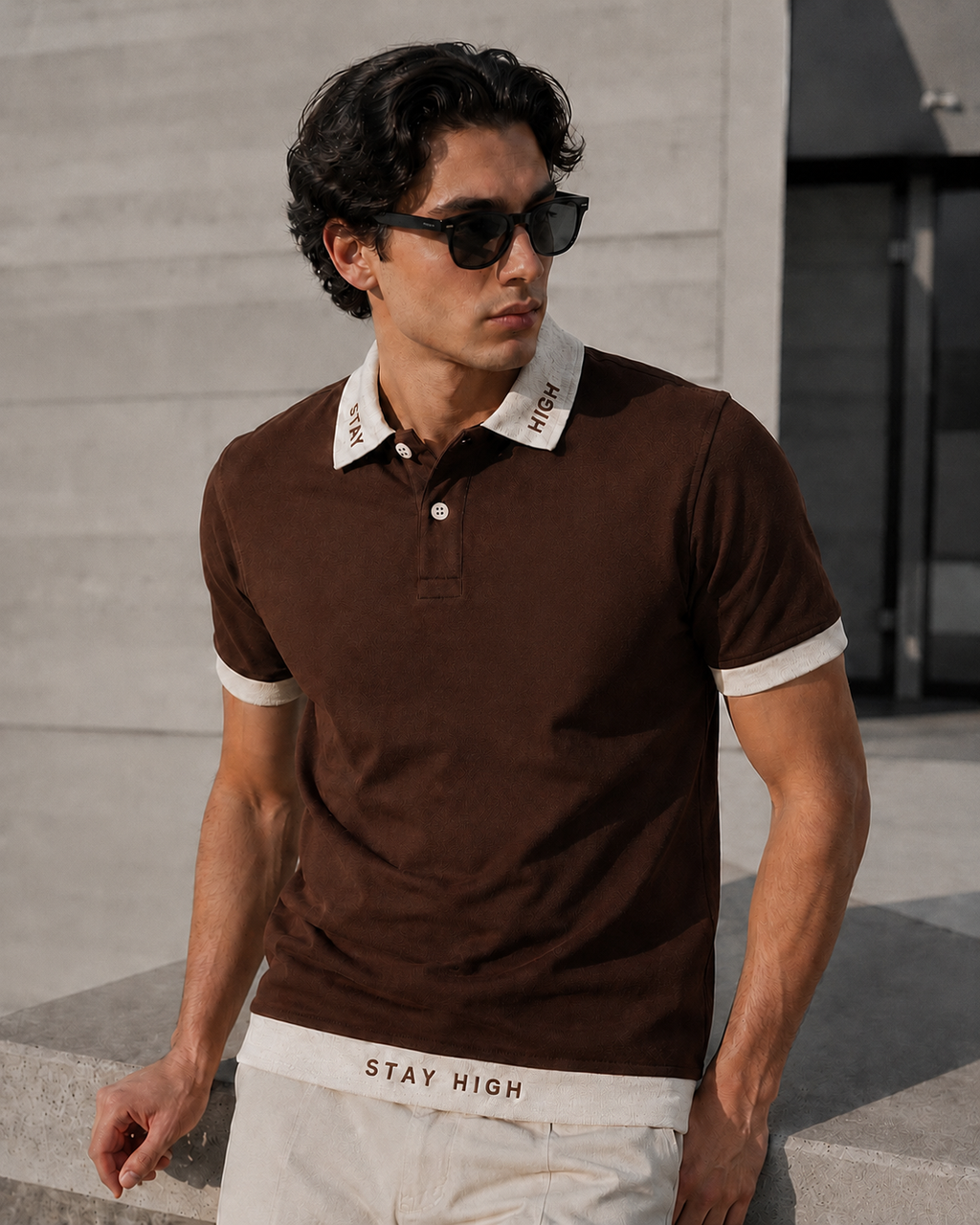STAY HIGH Premium Polo Tee — Brown / Cream