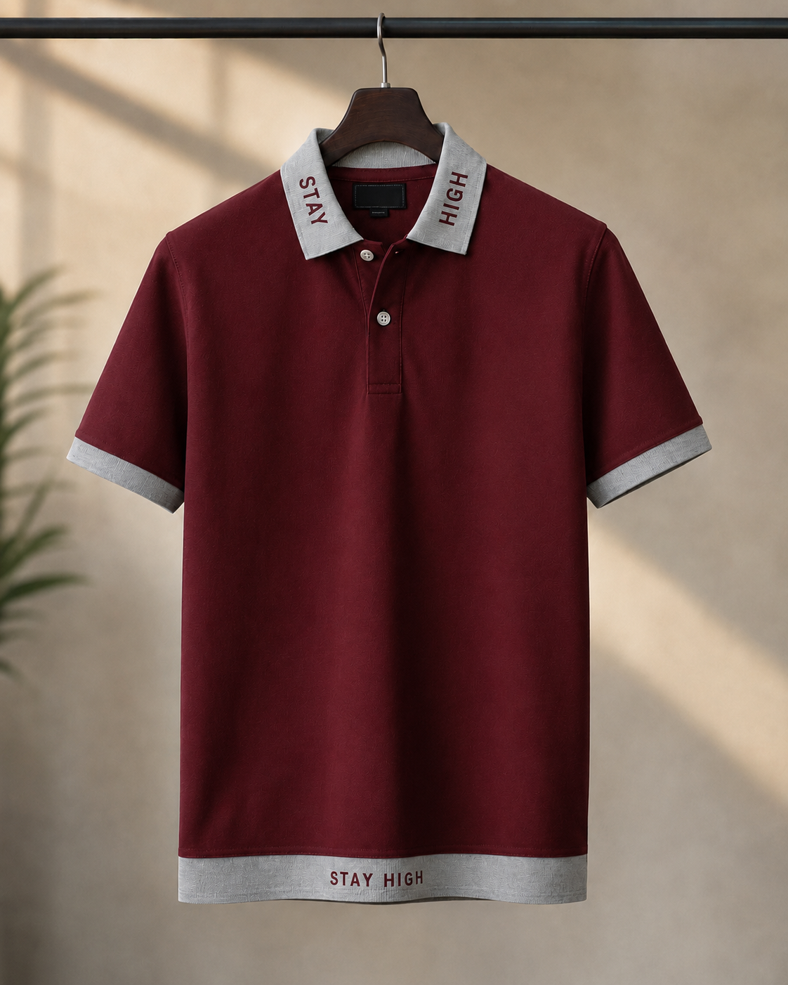 STAY HIGH Premium Polo Tee — Maroon / Grey