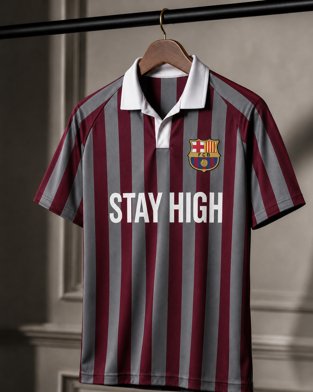 STAY HIGH Striped Polo Jersey Tee — Maroon / Grey