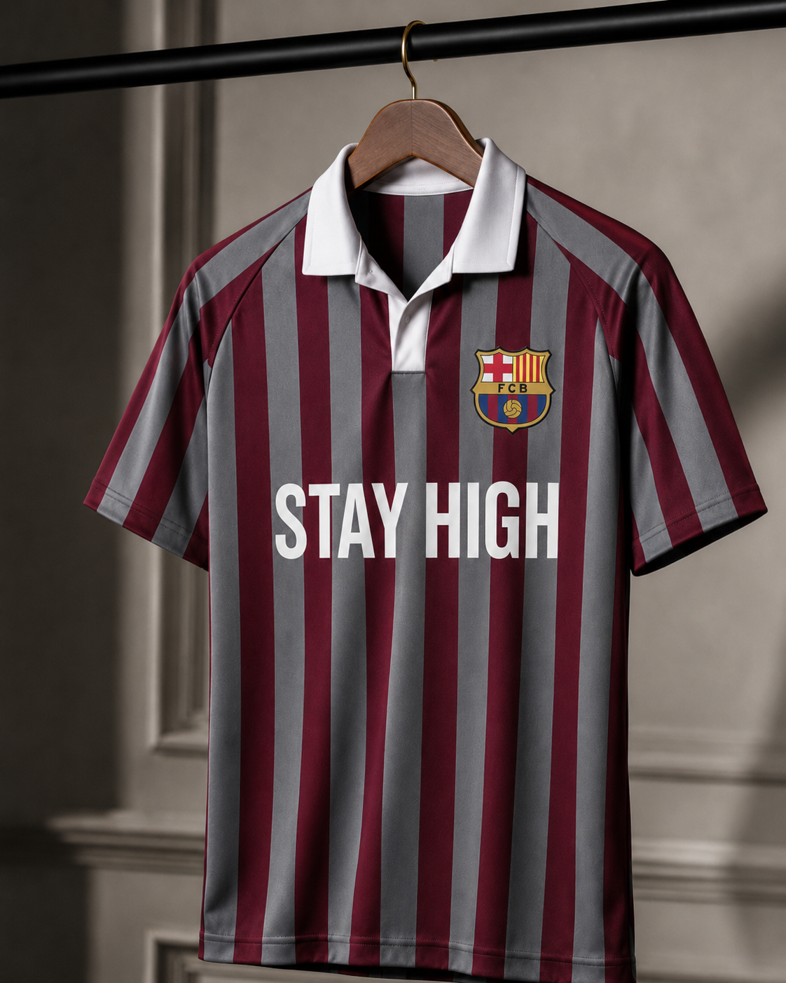 STAY HIGH Striped Polo Jersey Tee — Maroon / Grey