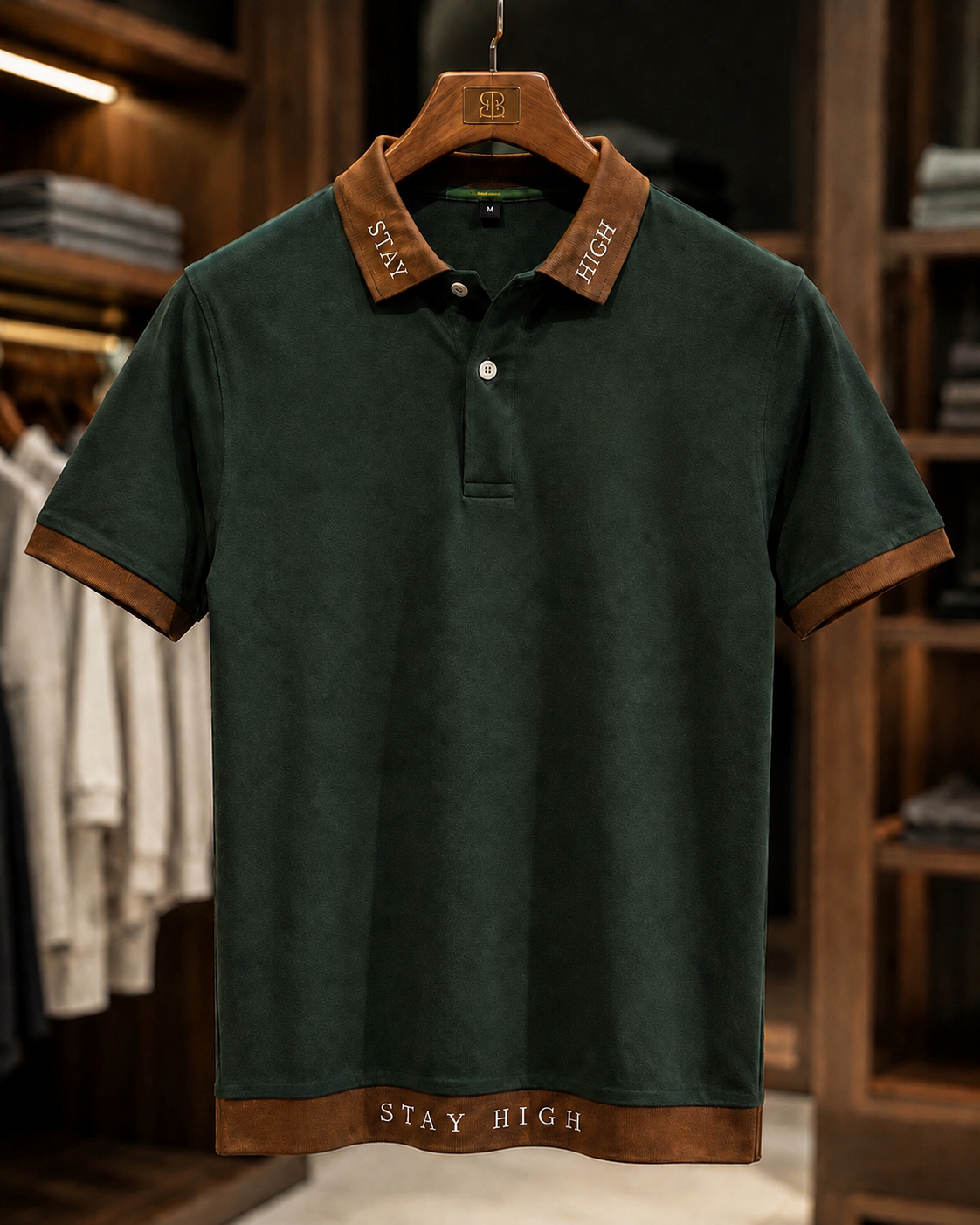 STAY HIGH Premium Polo Tee — Forest Green / Brown