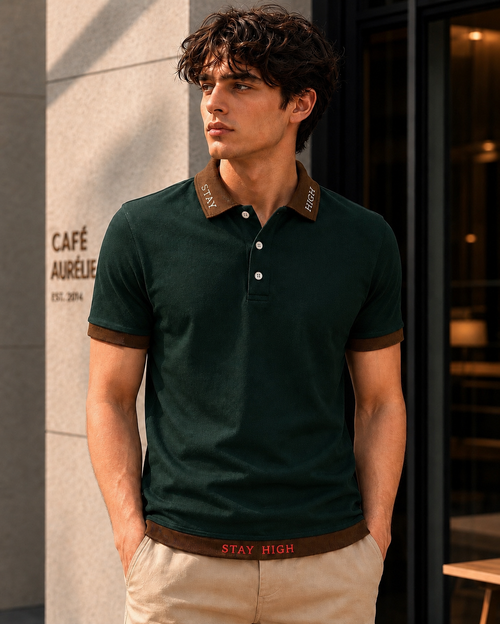 STAY HIGH Premium Polo Tee — Forest Green / Brown